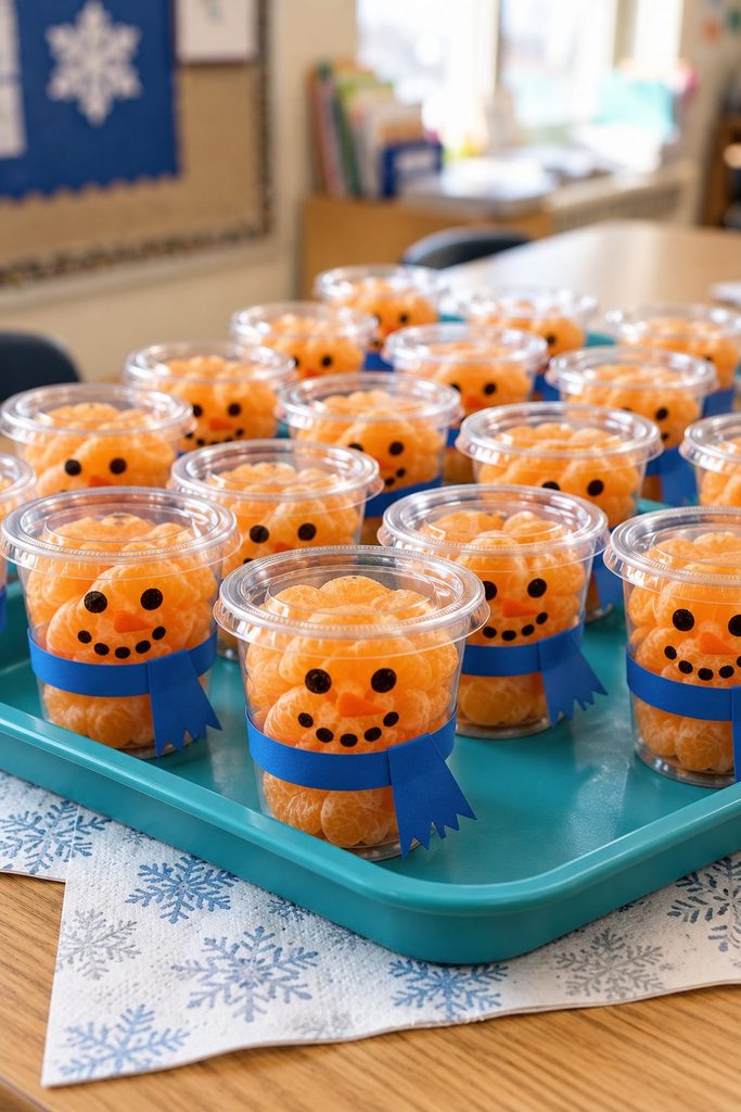 Clear mandarin cups decorated with snowman faces and blue paper scarves on a classroom tray.