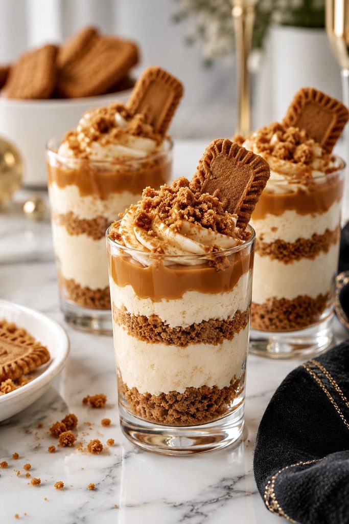 Biscoff cheesecake shooters in small glasses, make-ahead new years eve dessert cups