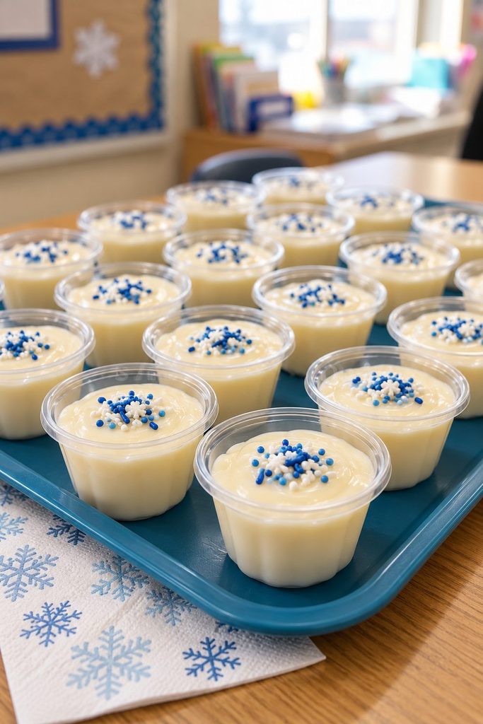 Rows of vanilla pudding cups topped with small blue and white sprinkles.