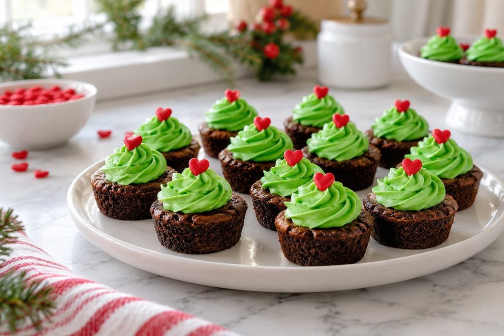 Brownie bites topped with swirls of green buttercream and red heart sprinkles