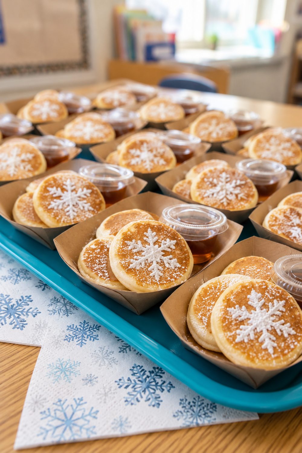 Mini pancakes with powdered sugar snowflake designs and separate syrup cups in paper boats.