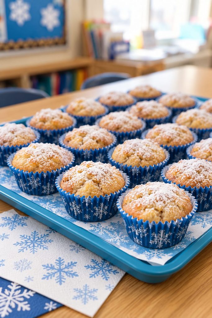Rows of powdered sugar-dusted mini muffins in blue snowflake paper liners.