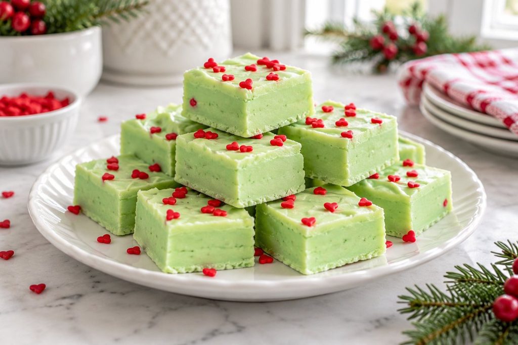Squares of green mint white chocolate fudge decorated with red heart sprinkles