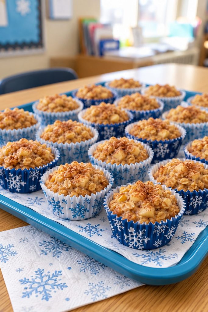 Baked oatmeal mini cups in blue and white winter liners arranged on a tray.