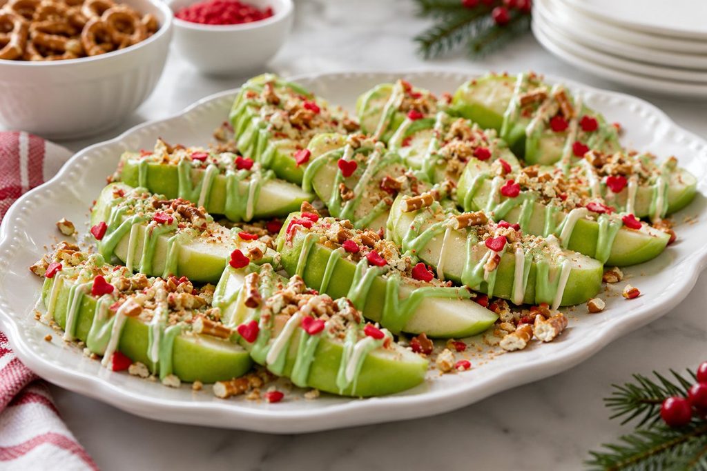 Green apple slices drizzled with white chocolate and green candy coating, topped with pretzels and red hearts