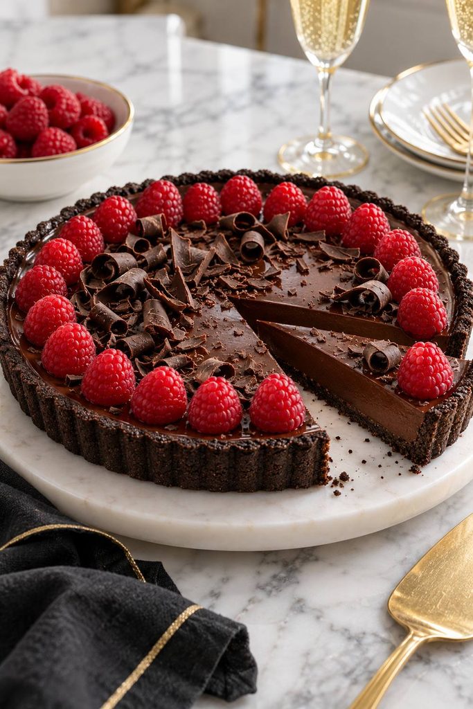 Raspberry chocolate ganache tart with chocolate curls, elegant new years eve dessert