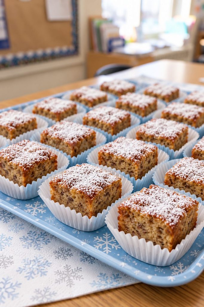 Powdered sugar-dusted banana bread squares in pale blue and white paper liners.