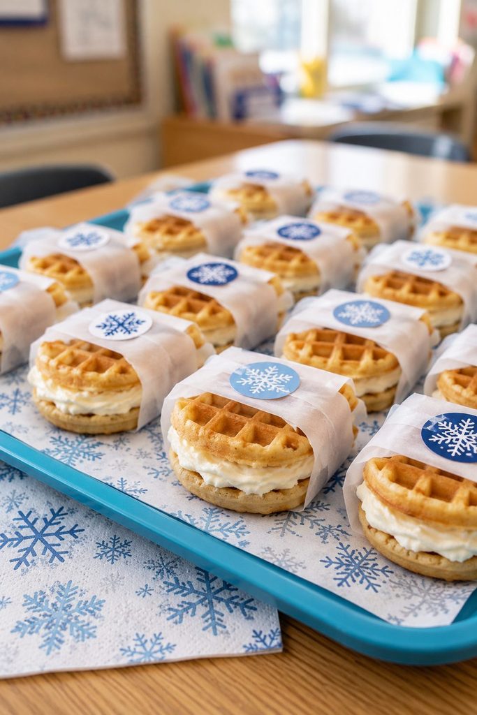 Mini waffle sandwiches wrapped in parchment bands with blue snowflake stickers.