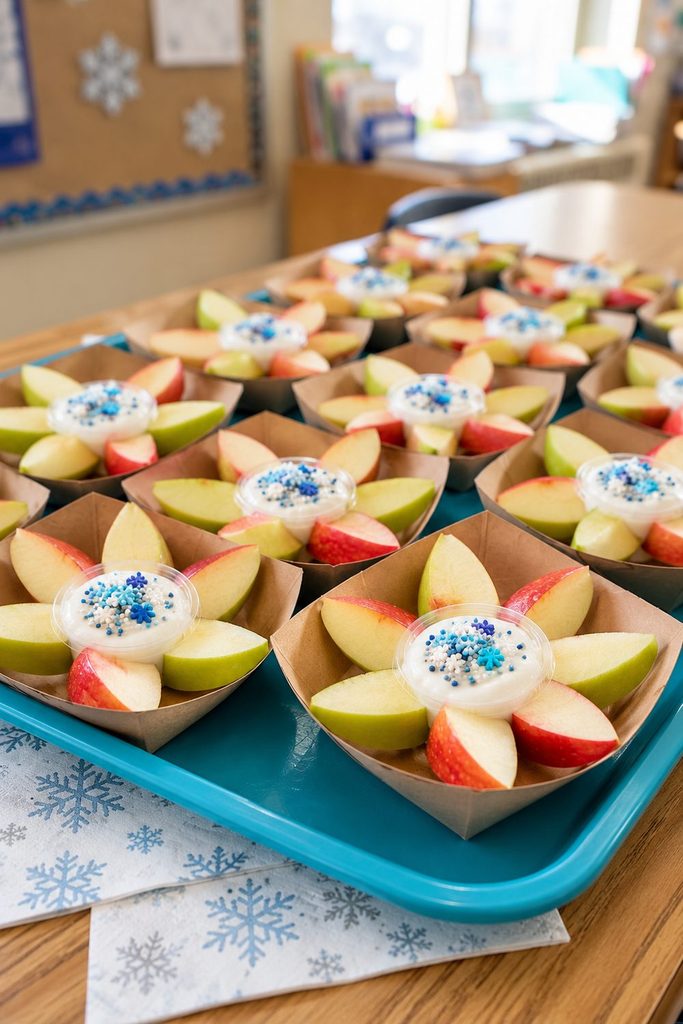 Individual apple-slice snowflakes surrounding small cups of yogurt dip on a blue tray.