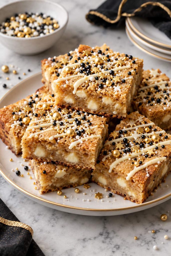 Midnight sprinkle blondies with white chocolate drizzle, easy new years eve dessert bars