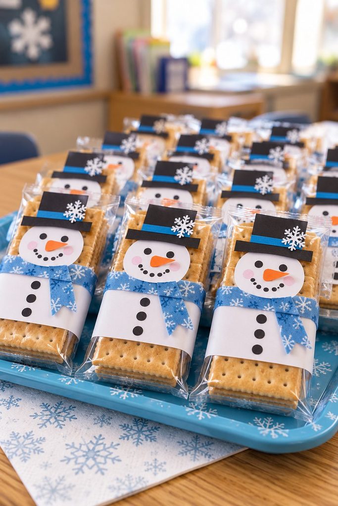 Sealed cracker packages decorated with paper snowman faces, hats, and blue scarves.