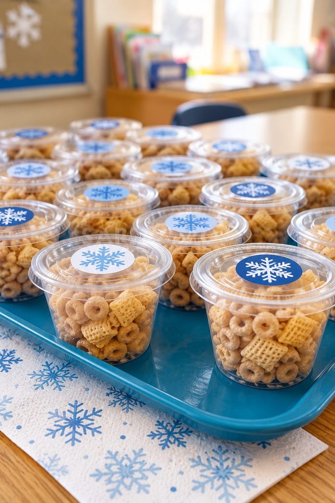 Clear lidded cereal cups topped with blue snowflake stickers, arranged in rows.