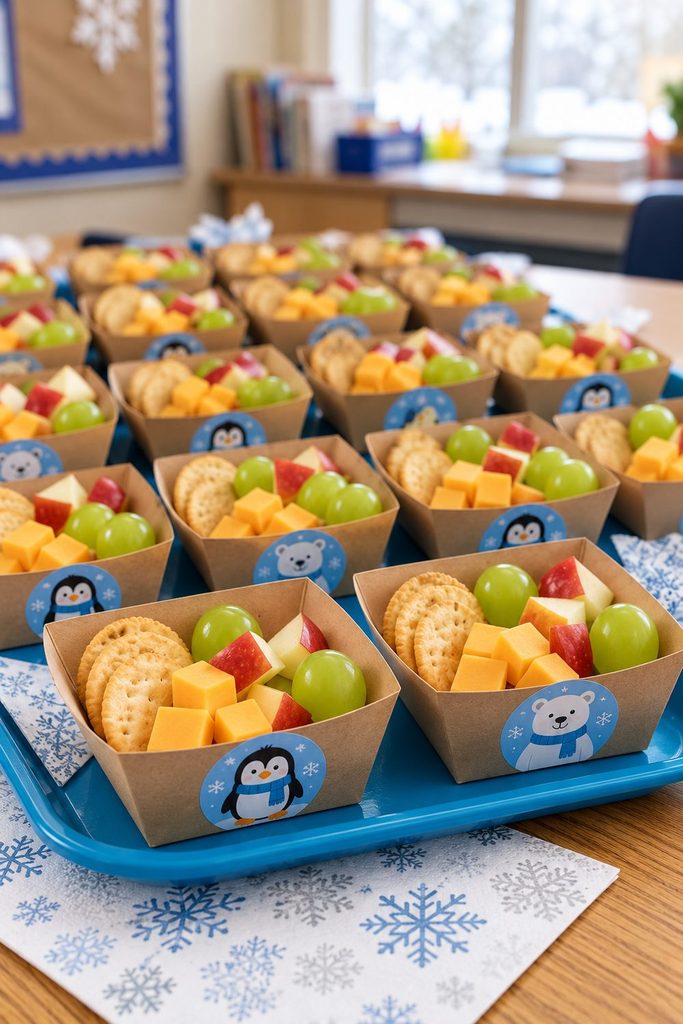 Individual snack boxes containing crackers, cheese, and fruit with penguin and polar bear stickers.