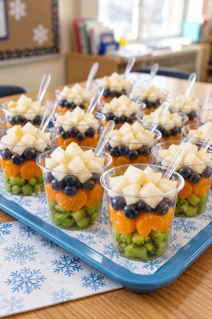 Rows of clear cups layered with kiwi, mandarin, blueberries, and diced pear, with spoons.