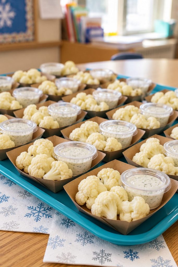 Individual portions of cauliflower florets and separate dip cups arranged on a blue tray.