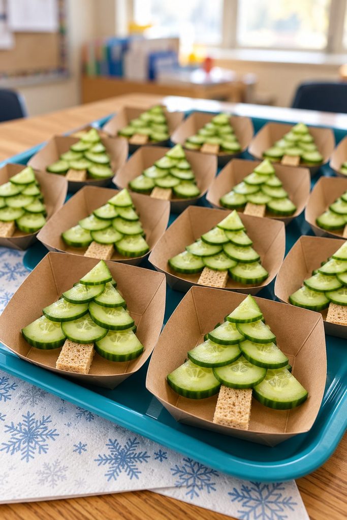 Cucumber half-moons arranged as evergreen trees with bread trunks in individual paper boats.