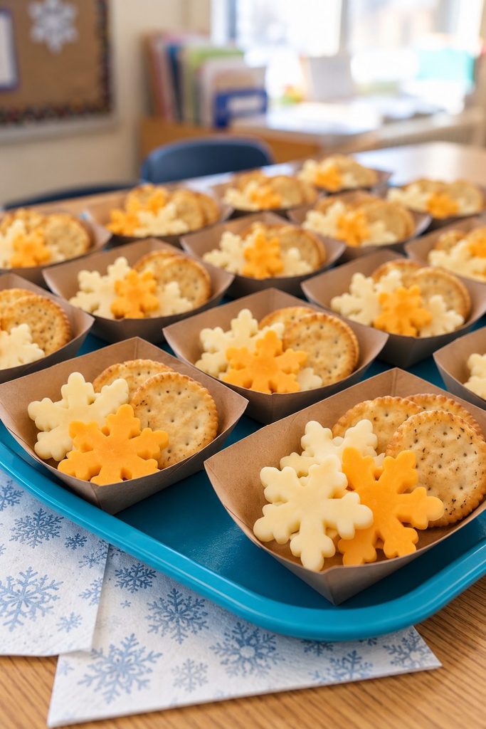 Snowflake-shaped white and yellow cheese with round crackers in individual paper food boats.