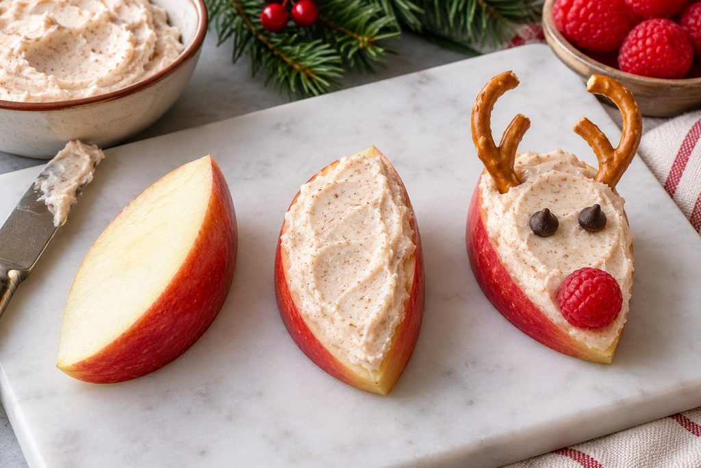 Three stages of making apple reindeer: a plain apple wedge, a wedge spread with cinnamon cream cheese, and a finished reindeer with pretzel antlers, chocolate chip eyes, and a raspberry nose.