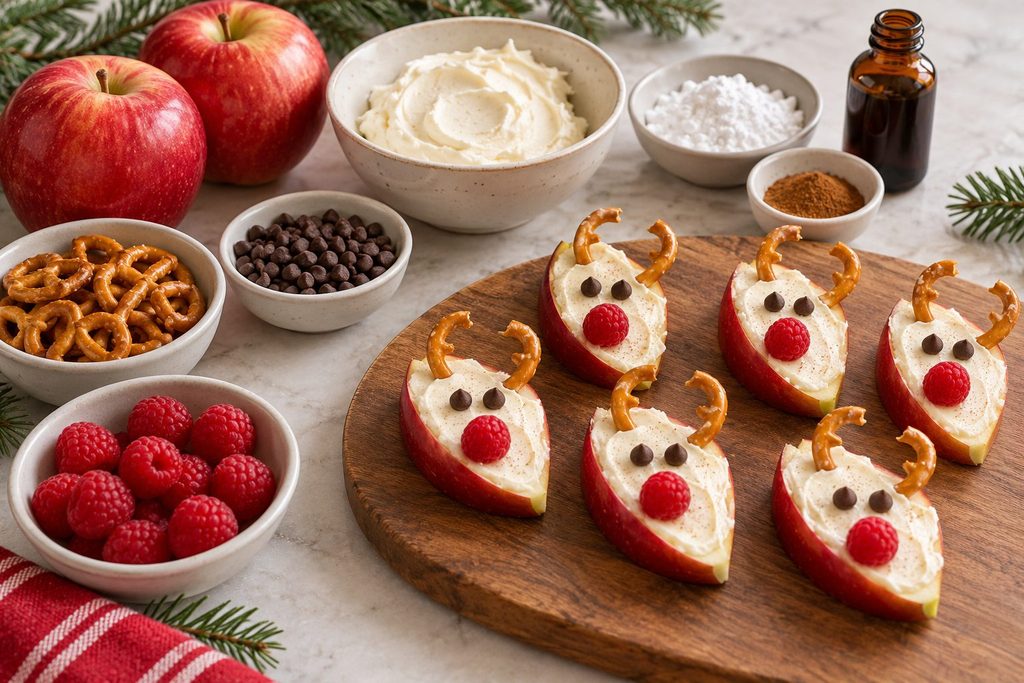 Apple reindeer snacks on a wooden board beside apples, cream cheese, pretzels, chocolate chips, raspberries, powdered sugar, cinnamon, and vanilla.