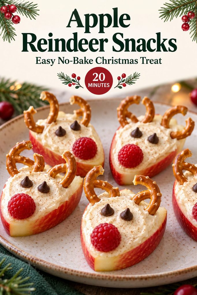Apple reindeer snacks on a festive plate with text reading Apple Reindeer Snacks, Easy No-Bake Christmas Treat, and 20 Minutes.