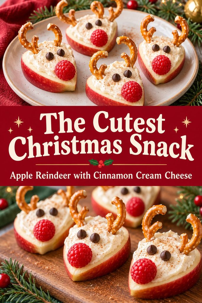 Apple reindeer with pretzel antlers and raspberry noses above and below a red banner reading The Cutest Christmas Snack, with the subtitle Apple Reindeer with Cinnamon Cream Cheese.