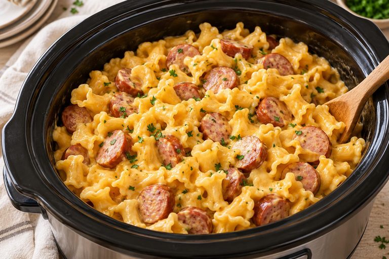 Creamy Slow Cooker Beer Cheese Sausage Pasta