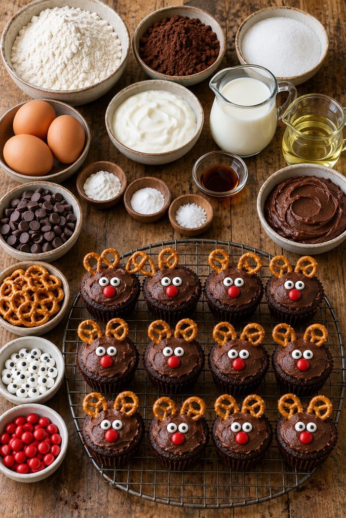 Ingredients for chocolate reindeer muffins arranged in bowls beside a tray of muffins with pretzel antlers and red candy noses.