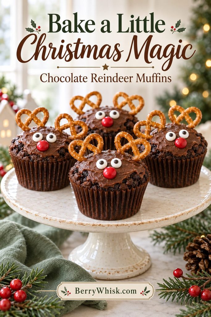 Chocolate reindeer muffins on a white cake stand with text reading Bake a Little Christmas Magic.