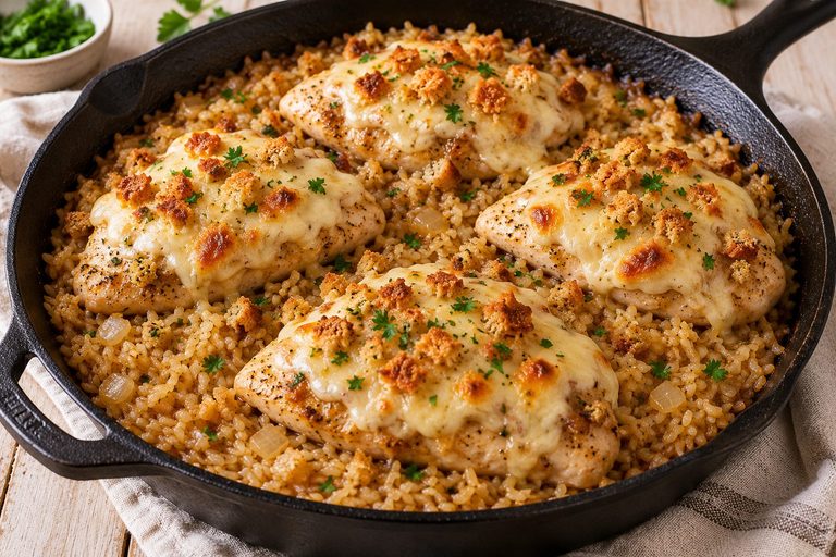 Cheesy French Onion Chicken and Rice Skillet Bake