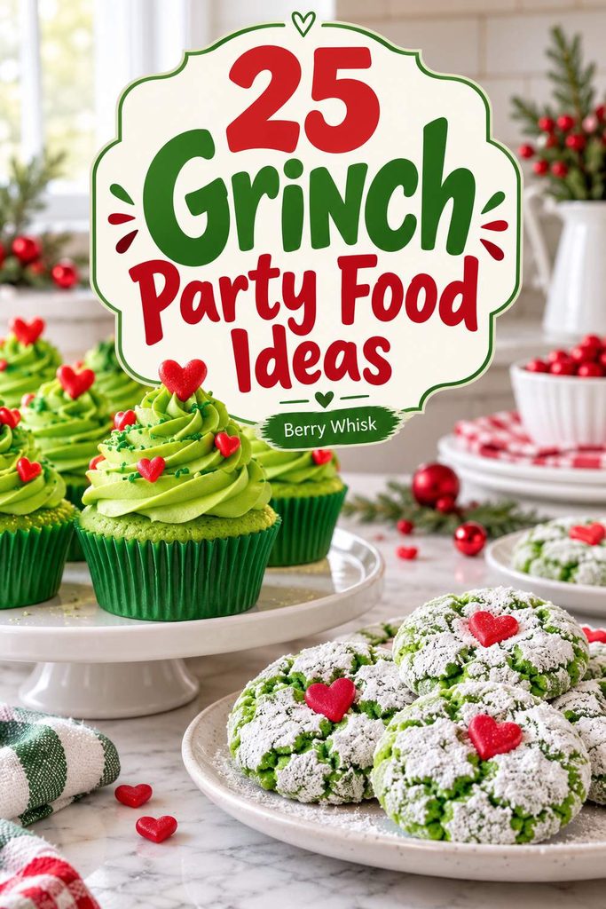 Pinterest pin with festive green Grinch party food ideas for a Christmas party