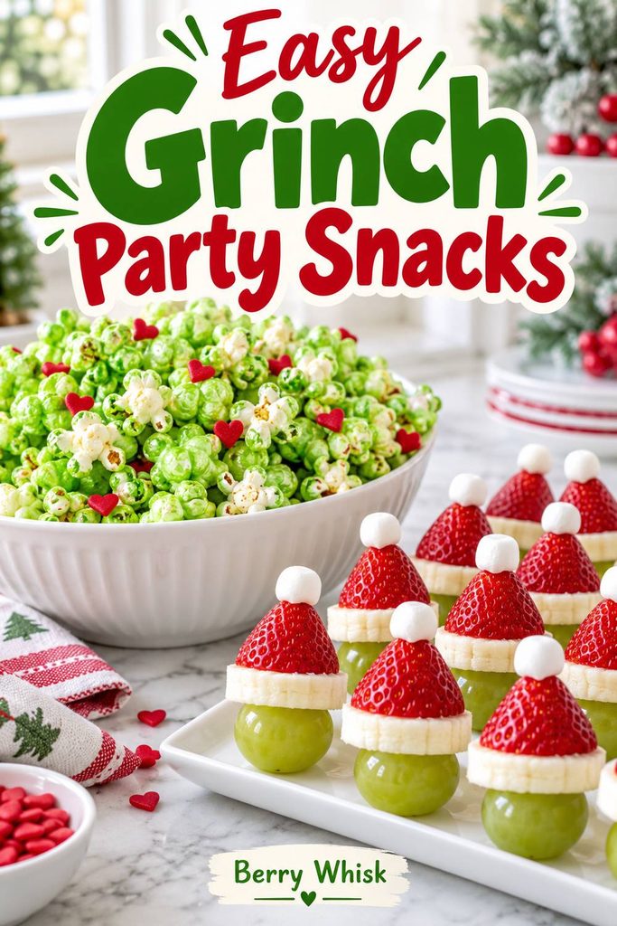Pinterest pin showing a collage of green and red Grinch treats and snacks