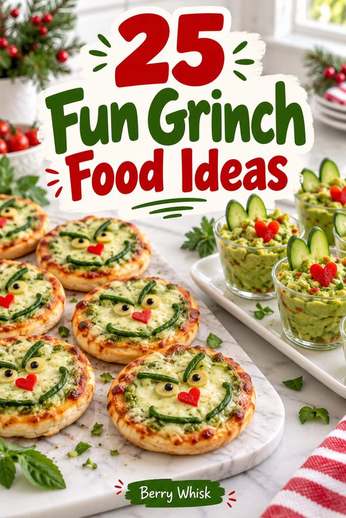 Pinterest pin with Grinch desserts, savory snacks, and fresh options for a holiday movie night