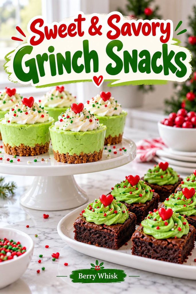 Pinterest pin with kid-friendly Grinch party food and red heart details