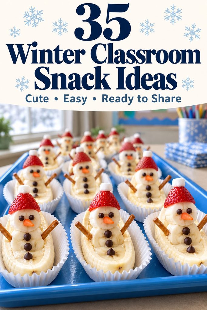 Pin reading 35 Winter Classroom Snack Ideas above individually portioned banana snowmen on a classroom tray.